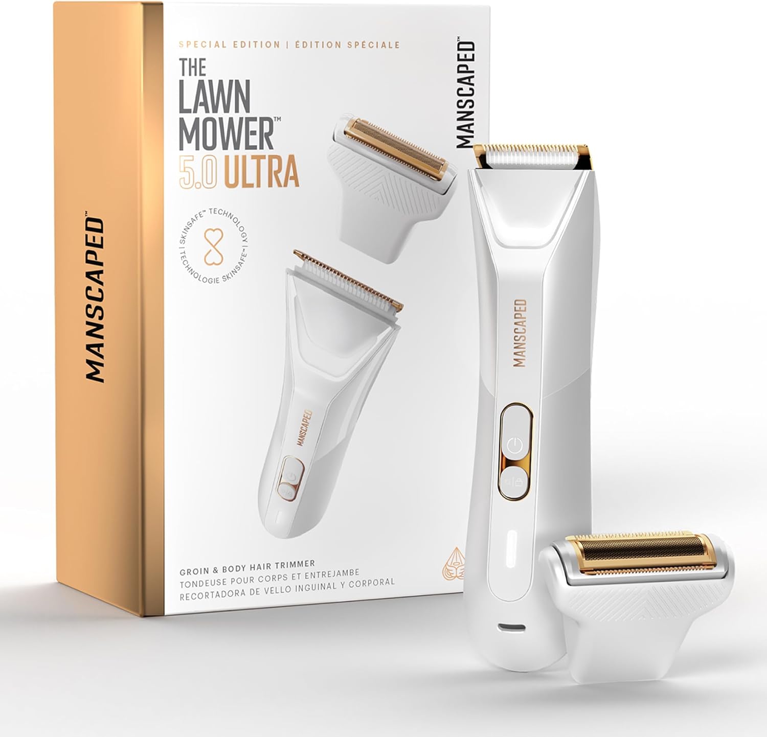 MANSCAPED® The Lawn Mower® 5.0 Ultra Men's & Women's Groin & Body Hair Trimmer \u2013 Dual-Head SkinSafe® Trimmer & Foil Blades, Waterproof Wet\/Dry Groomer, USB-C Rechargeable with Travel Case, White