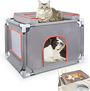 25.5"*17"*17.7" Bedside Dog Bed for Small-Medium Pet,Stainless Steel Frame & Oxford Fabric Dog Bunk Bed with Neck Pillow, Cat Bed Attachment to Human Bed, Elevated Pet Bed,Cat&Dog Perch, Lightweight