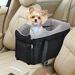 SlowTon Console Dog Car Seat - Portable Center Dog Car Seat for Small Dogs up to 9 lbs, Washable Pet Carseat with Soft Cushion Safe Protection Hooks & Storage Pocket, Black