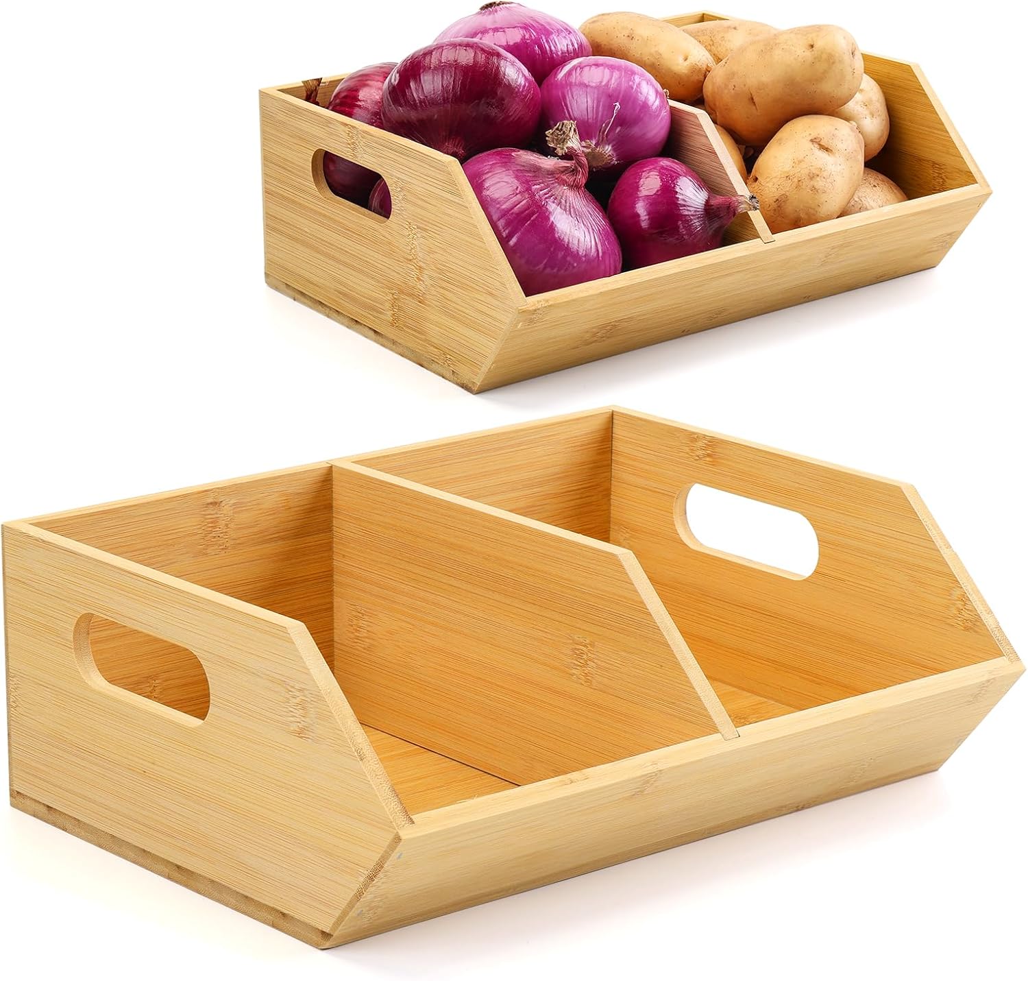 2 Set Bamboo Storage Bins, Pantry Organizers and Storage, Kitchen Countertop Organization and Storage Basket for Produce, Onions, Potatoes, Garlic, Fruits, Vegetable and Bread