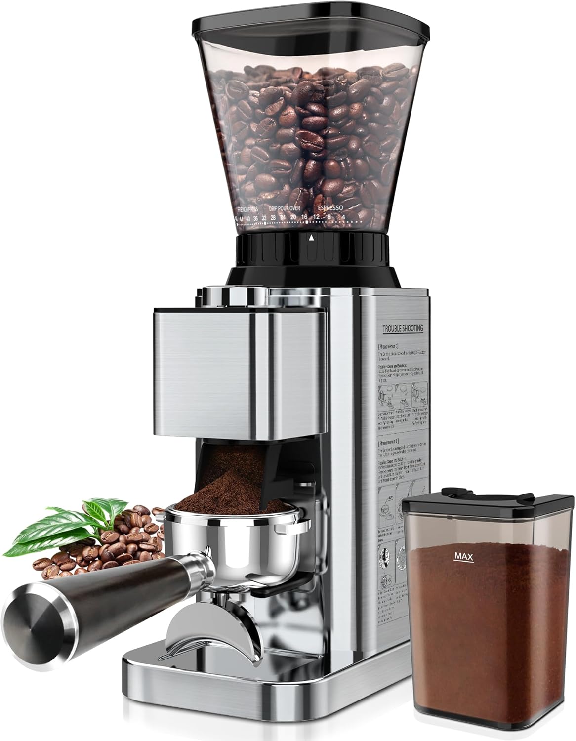 Conical Burr Coffee Grinder Electric, Espresso Coffee Bean Grinder for Home Use Adjustable 48 Grind Settings, 35s Precision Timer, Stainless Steel, Anti-Static for Pour Over\/Drip\/French Press
