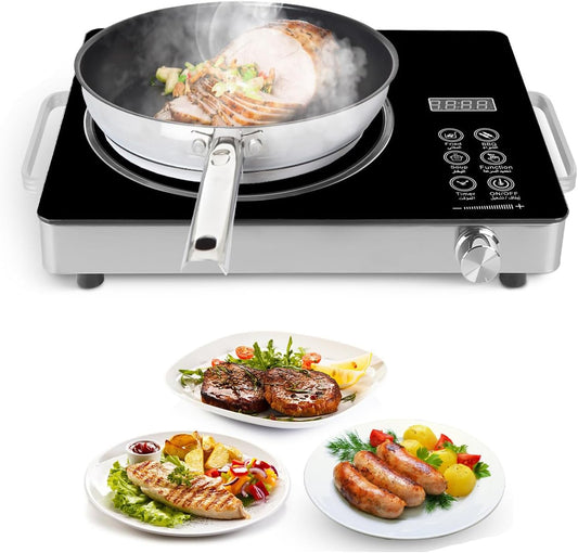 iMounTEK Electric Single Ceramic Stove 3500W Electric Cooktop Hot Plate Infrared Countertop Burner with 12 Power & Temperature Levels 0-3H Timer Portable Handle LED Display for Home(Black)