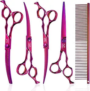 JASON Dog Grooming Scissors Set - Professional 6 in 1 Dog Shears Set - 7" Curved Thinner, 7" Straight, 7" Up-Curved, 7" Down-curved Scissors and Comb for Dog Cat Pet with Adjustable Screw