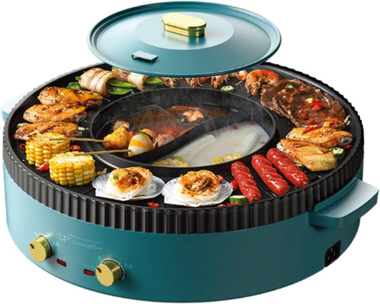 2 in 1 Electric Grill and Hot Pot Combo, Dual Temperature, Indoor Non-Stick Griddle for Korean BBQ, Shabu Shabu and Noodles