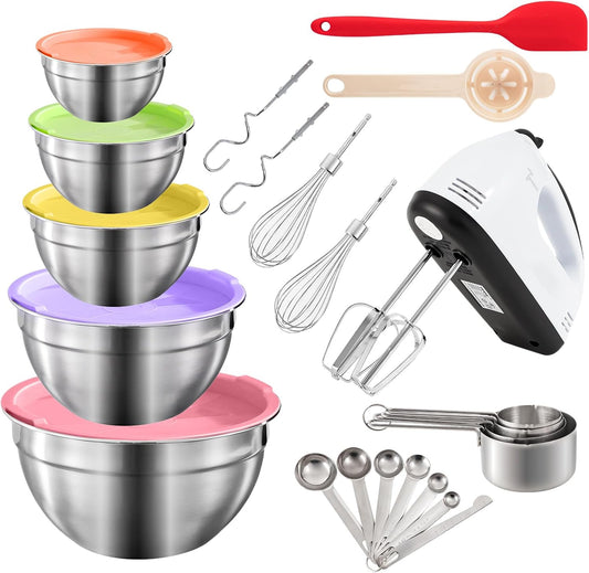 7-Speed Electric Hand Mixer,5 Large Mixing Bowls Set,Handheld Mixers with Whisks Beater,Stainless Steel Metal Nesting Bowl Measuring Cups Spoons Kitchen Cake Blender for Prep Baking Supplies