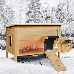 BRIOPAWS Feral-Outdoor-Cat-House-Insulated | Outside-Cat-Shelter for Winter | Weatherproof | Large Wooden Pet House for Multiple Cats | Foldable Ladder | Acrylic Side Window | Brown