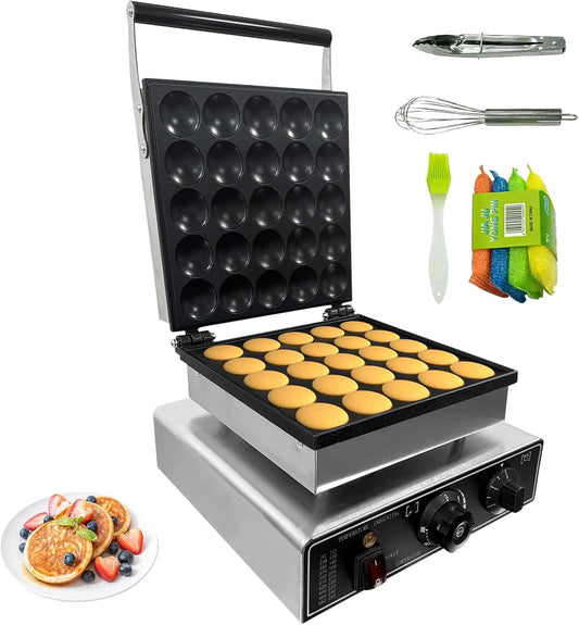 25PCS Commercial Mini Dutch Pancake Maker - Stainless Steel, 1750W Electric, Nonstick Surface, Precise Time and Temperature Control, Even Heating with Lid