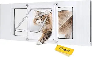 Compact Window Pet Door for Cat Only, Width Adjustable Design Fits Various Sliding Windows, 10-Min Install, Aluminum Frame, HD High-Transparency Glass, Magnetic Close, Weatherproof Design