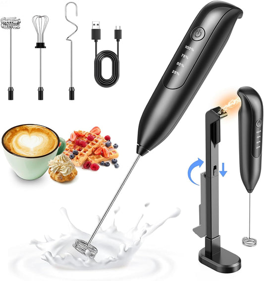 Dynooper Electric Milk Frother Handheld: Rechargeable 3 in 1 - LED Digital Display with 3 Speeds Portable Stainless Steel Drink Foam Mixer for Milk Coffee, Lattes, Cappuccino, Matcha - Matte black