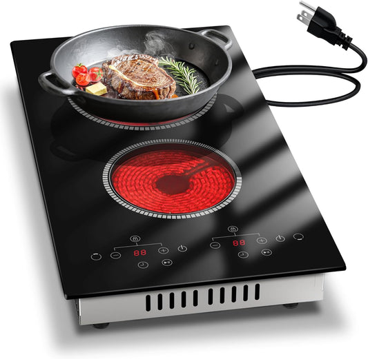 2 Burner Electric Cooktop, 12 Inch Electric Stove Top, 120V Double Burner Countertop Stove 2000W with Timer & 9-Level Adjustment, Sensor Touch Control, Child Lock, Built-in Radiant Cooktop Pladeca