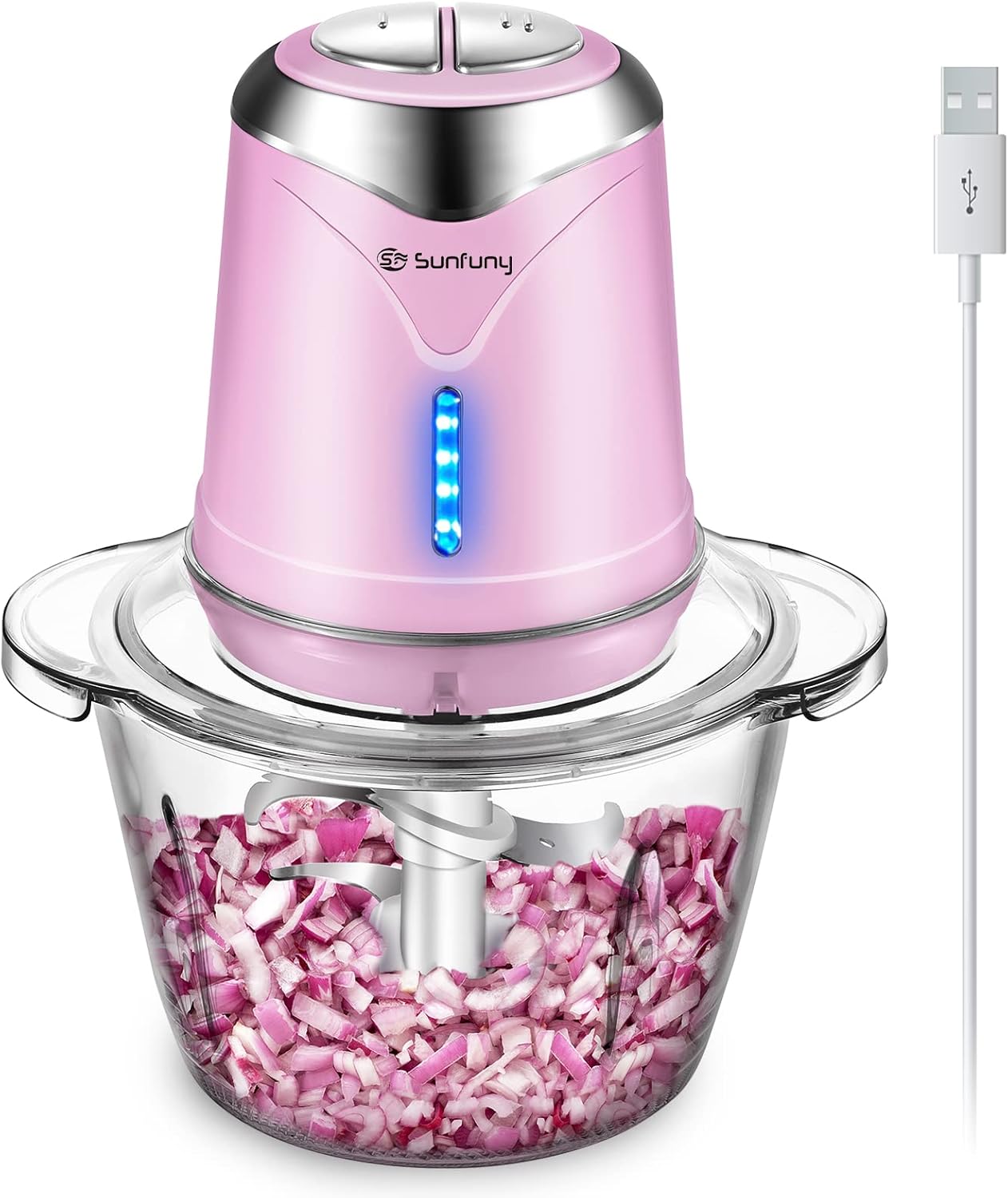 Food Processor 6000mAh Cordless Vegetable Chopper with 5 Cup Glass Bowl, Electric Garlic Meat Choppers BPA-free Baby Food Processors Blender Small Kitchen Mixer Mincer with 4 Blades, 2 Speeds (Pink)