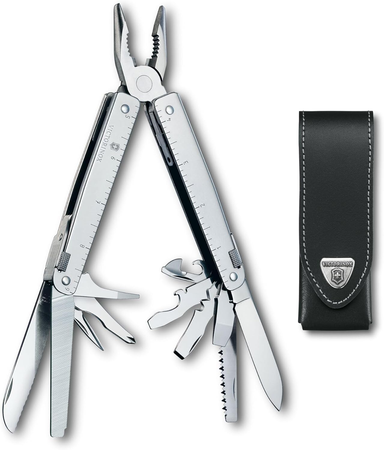 Victorinox Swiss Tool Swiss Army Knife, 26 Function Swiss Made Multi-Tool with Black Leather Storage Pouch - Silver