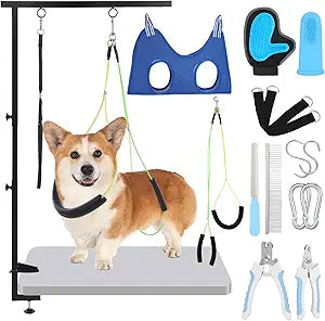 13 Pcs Adjustable Dog Grooming Arm with Clamps, Adjustable Height 27"-37", Pet Grooming Stand with Hammock and No-sit Haunch Holders, Ideal Set for Small & Medium Dogs at Home or Salons