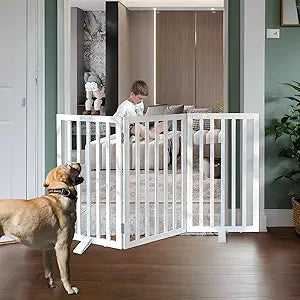 ZJSF Freestanding Indoor Dog Gate for House Foldable Wood White Puppy Gate for Doorways Pet Gate for Stairs Extra Wide Pet Fence 32" Height 3 Panels