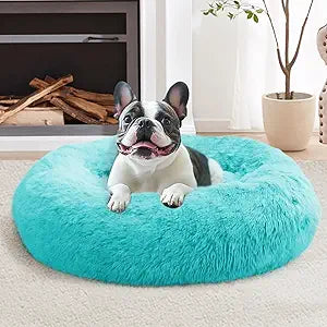 JOLLYVOGUE Calming Dog Bed Large Size Dog, Anti-Anxiety Donut Large Pet Bed, 36 inches Fluffy Faux Fur Round Cat Bed, Fits up to 75 lbs Pets (Aqua Blue)
