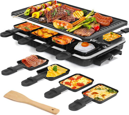 Raclette Table Grill, Indoor Grill Korean BBQ Grill Electric Griddle, 2 in 1 Electric Griddle Nonstick with 8 Raclette Cheese Pans Adjustable Temperature Control 1300W Ideal for Family and Party Fun