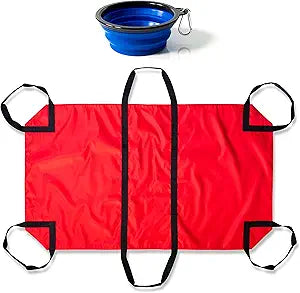 Transport Stretcher for Dogs - Animal Emergency Transport Carrier with Buckled Adjustable Safety Strap - Complete with Collapsible Dog Bowl