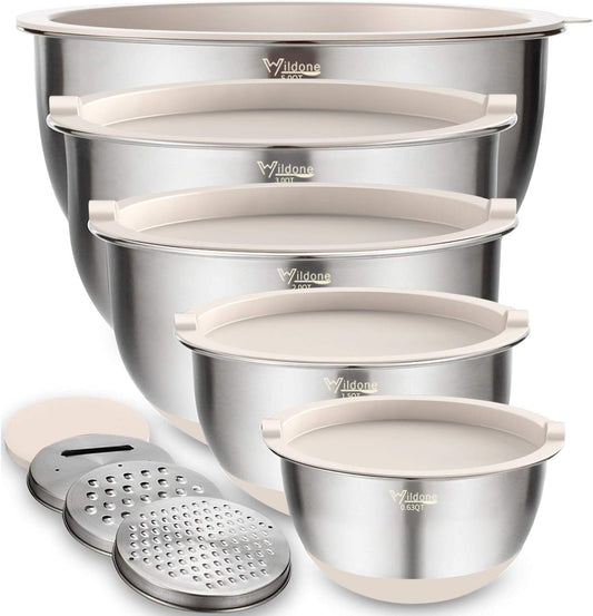 Wildone Mixing Bowls with Airtight Lids Set, 5PCS Stainless Steel Khaki Nesting Bowls for Kitchen, with Grater Attachments & Non-Slip Bottoms, Size 5, 3, 2, 1.5, 0.63 QT, Great for Mixing & Serving