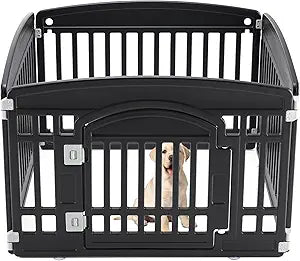 Sweetcrispy Plastic Dog Playpen, 4 Panel 24" Expandable & Durable Pet Fence for Small to Medium Dogs - Indoor & Outdoor Portable Puppy Playpen with Secure Locking Door - Black