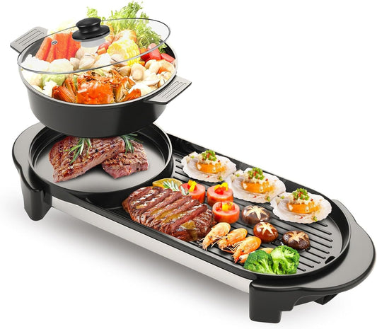 BOEASTER 2 in 1 Electric Smokeless Hot Pot with Grill, 2200W Removable Hotpot Pot, Korean BBQ and Shabu Indoor Combo,Non-Stick Skillet Pan, Dual Adjustable Temperature, 1-6 People