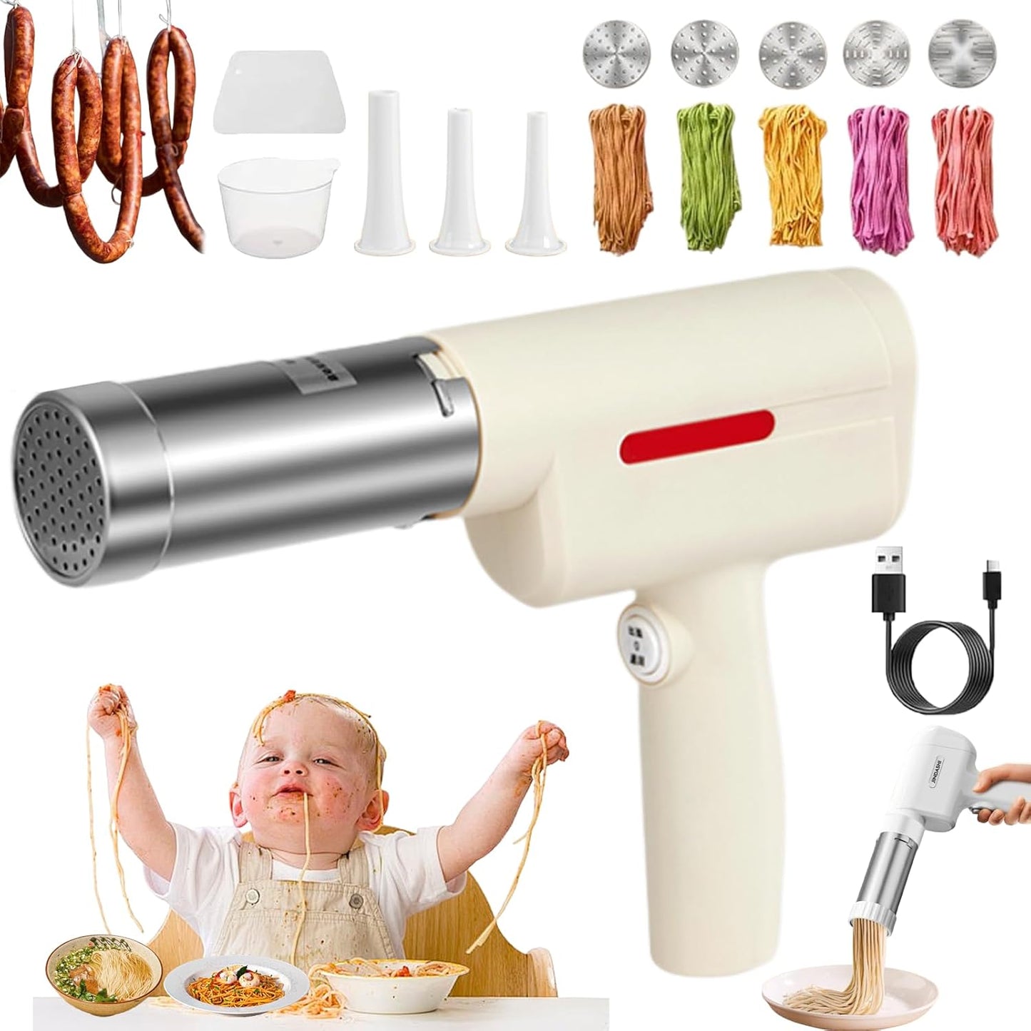 String Hopper Maker Electric, 2025 New Household Pasta Maker Cord Less, Handheld 5-in-1 Automatic Noodle Maker Machine, Idiyappam Maker, Sausage Stuffer with 5 Noodle Molds + Enema