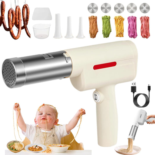 String Hopper Maker Electric, 2025 New Household Pasta Maker Cord Less, Handheld 5-in-1 Automatic Noodle Maker Machine, Idiyappam Maker, Sausage Stuffer with 5 Noodle Molds + Enema