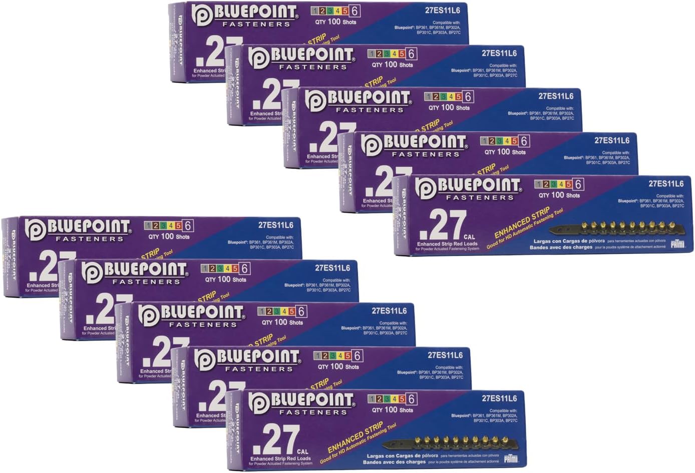 BLUEPOINT .27 Cal Purple/Black Powder Load Enhanced Strip (Level 6), Heavy-Duty Powder-actuated Fastening Tools. Each Pack Contains 1000 Units, Professional Fastening. Item# 27ES11L6. 10-Pack Save $30