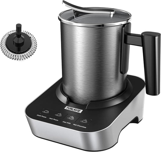 FUNLAVIE 4-in-1 Electric Milk Frother and Steamer, 400ml(13.5oz) Stainless Steel Pitcher with Auto Shut-Off, Hot & Cold Foam Maker and Milk Warmer for Lattes, Cappuccinos, Macchiato, Dishwasher Safe