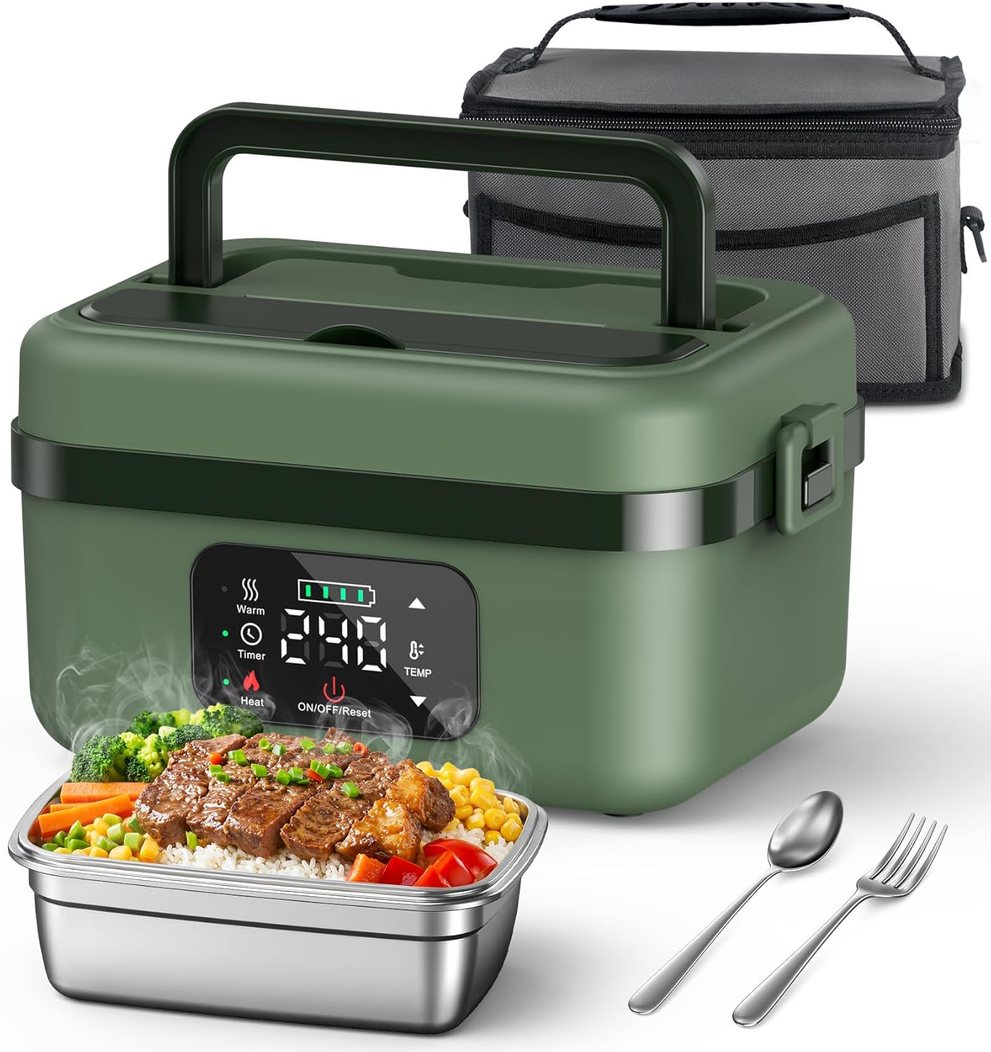 ODSD Cordless Electric Lunch Box for Adults, 16000mAh Rechargeable Self-Heating Lunch Box Food Warmer with Timer & Adjustable Heating, 34oz\/1L Container with Insulated Bag for Office Car Outdoor