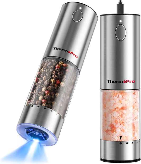 ThermoPro 100ml Electric Salt and Pepper Grinder Set Rechargeable, Automatic Pepper Grinder Shakers with External Adjustment, Refillable Pepper Mill Set with Dust Cover & LED, Stainless Steel 2-Pack