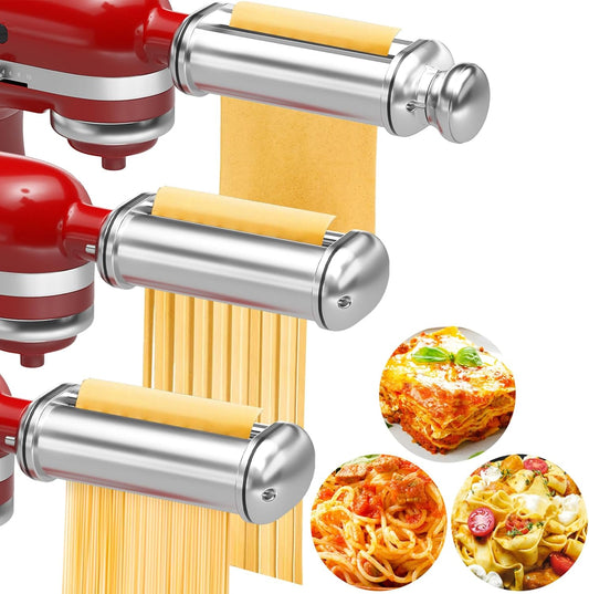 Pasta Maker Attachment for All Kitchenaid Stand Mixers, 3 PCS Kitchen Aid Pasta Attachments Included Pasta Dough Roller, Fettuccine Cutter, Spaghetti Cutter and Cleaning Brush