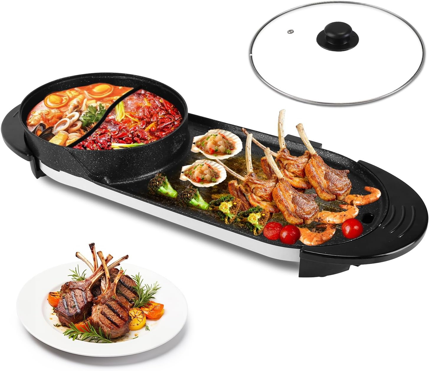 2200W Hot Pot with Grill 2 in 1 Electric Shabu Shabu Pot with BBQ Grill Cooker Indoor Smokeless Non-Stick Korean BBQ Grill with Independent Temperature Control 5 Gears Firepower for 2-10 People