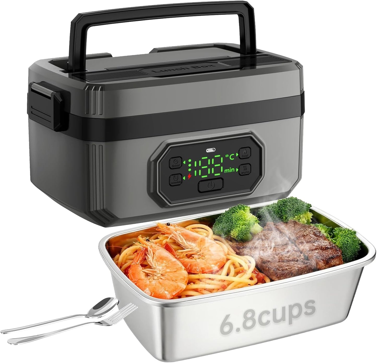 2025 Upgraded Model: 24000mAh Rechargeable Cordless Electric Lunch Box for Adults, 1.6L Food Warmer with Timer & Leak-Proof, Portable Self-Heating Container for Office, Car, Travel, Outdoor