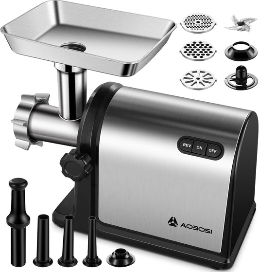 AAOBOSI #10 Meat Grinder Electric [3000W] Heavy Duty Stainless Steel Meat Mincer with 3 Grinding Plates, 3 Sausage Stuffer Tubes & Kubbe Attachments,Easy One-Button Control
