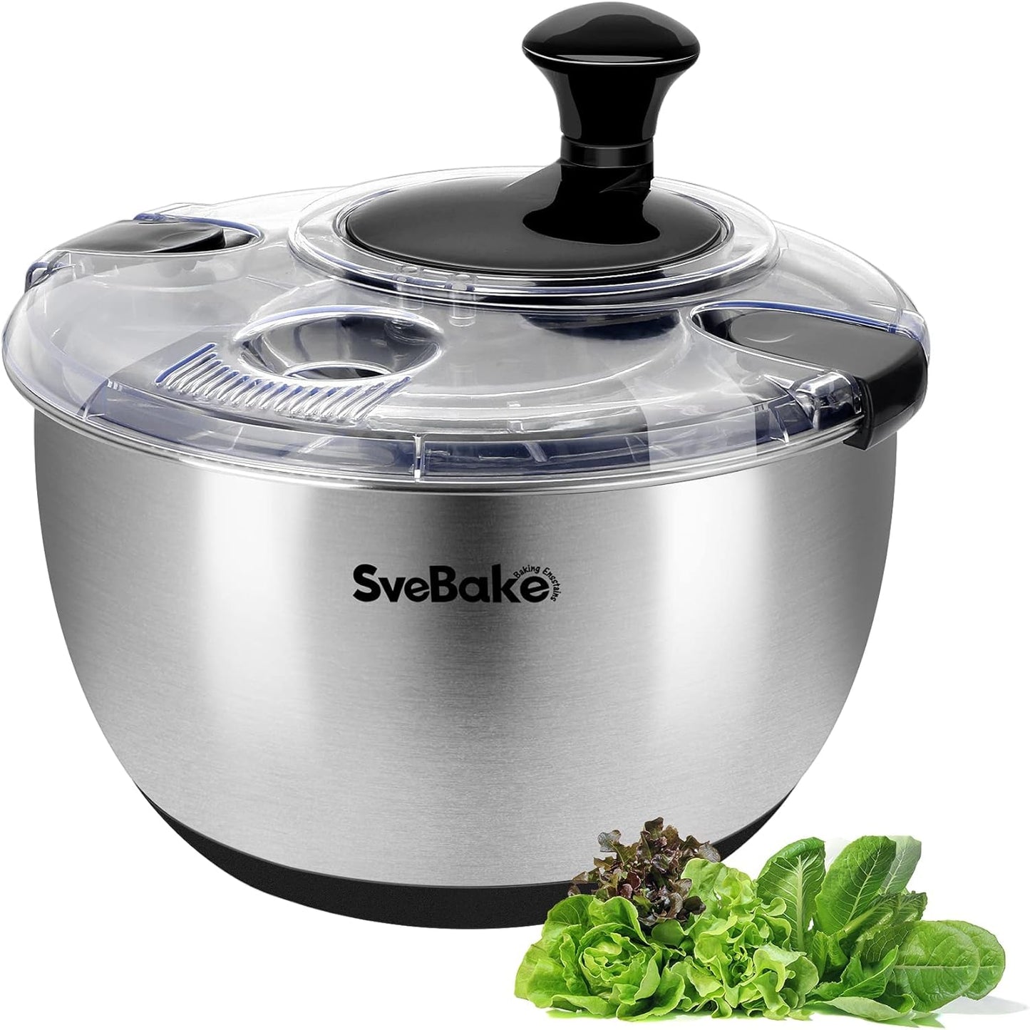 SveBake Stainless Steel Salad Spinner, 4.2 Qt Vegetable Washer, BPA-Free Lettuce Dryer with Crank Design, Dishwasher Safe, Non-Slip Base - Transparent Lid