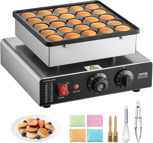 VEVOR Mini Pancake Maker, 25PCS 43mm Diameter Dutch Muffin Waffle Baker, Non-stick Stainless Steel Poffertjes Grill, Commercial Electric Dorayaki Machine, Temp & Time Control, Home Kitchen Restaurant