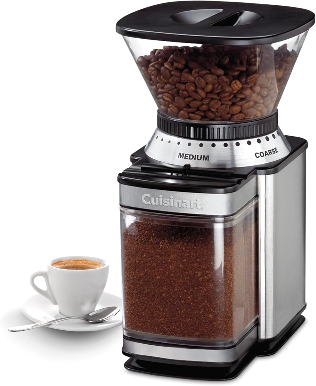 Cuisinart Coffee Grinder, Electric One-Touch Automatic Burr Coffee Grinder with 18-Position Grind Selector, Cup Size Selector for 4 \u2013 18 Cups, DBM-8P1, Black Stainless