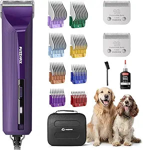 AmpFix Professional Dog/Pet Grooming Clippers - 2-Speed Heavy-Duty Motor, 2 Detachable Blade 8 Metal Combs, 10ft Cord, Runs Cool & Quiet, Anti-Slip Shatter-Proof Housing for All Animal Coats