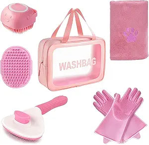 6PCS Pink Dog Washing Kit with Dog Brush, Shampoo Brush, Bath Scrubber,Washing Gloves, 39.7" Ã— 20.5" Towel and Big Toiletries Bag.