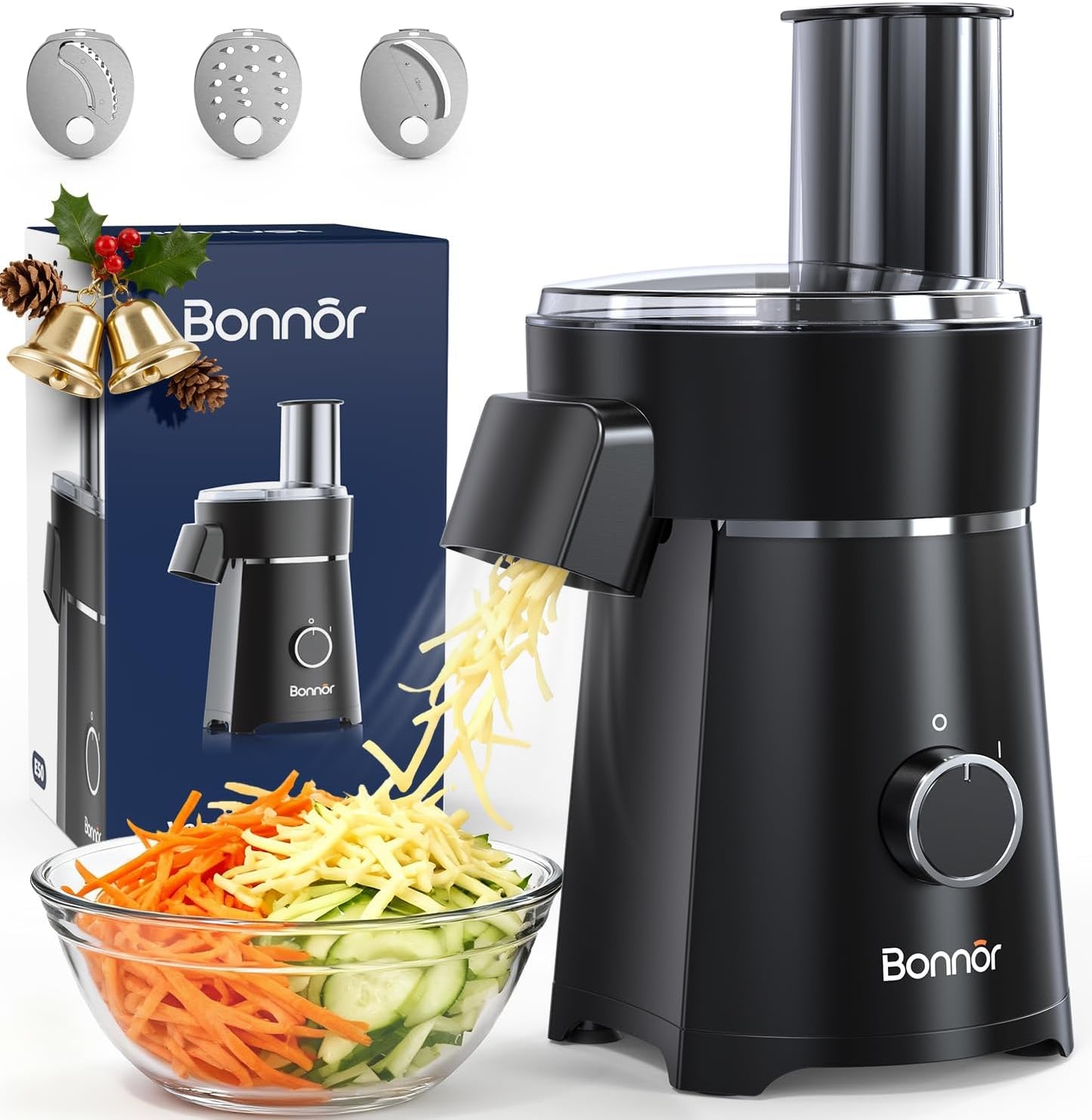Bonnor Electric Cheese Grater with Salad Shooter, 3 in 1 Food Chopper & Electric Vegetable Slicer. 200W Motor, 3 Blades, Comes with Safety Push Bar, Dishwasher Safe for Home Kitchen (Black)