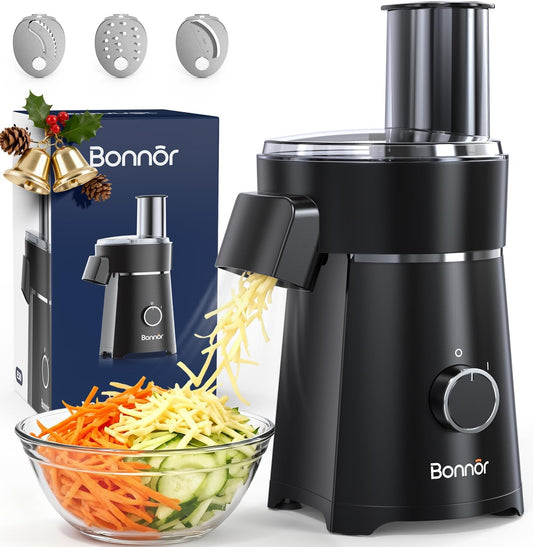 Bonnor Electric Cheese Grater with Salad Shooter, 3 in 1 Food Chopper & Electric Vegetable Slicer. 200W Motor, 3 Blades, Comes with Safety Push Bar, Dishwasher Safe for Home Kitchen (Black)