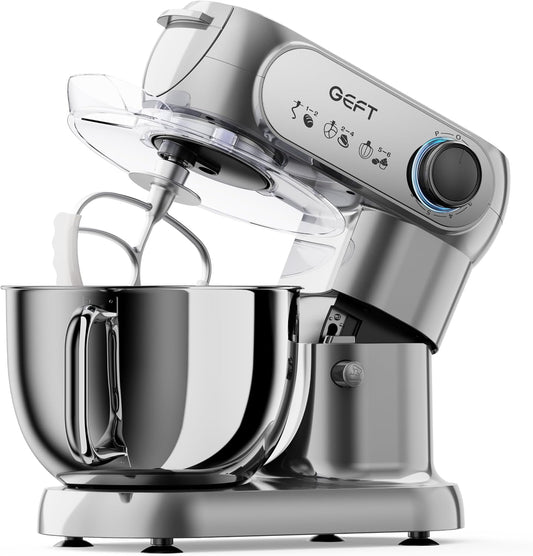 GEFT Stand Mixer, 3.5QT+6QT Two Bowls Kitchen Electric Mixer, 600W 6+P speed Tilt-Head Food Mixer with Stainless Steel Bowl, Dishwasher-Safe Dough Hook, Flat Beater, Wire Whisk, Splash Guard, Grey