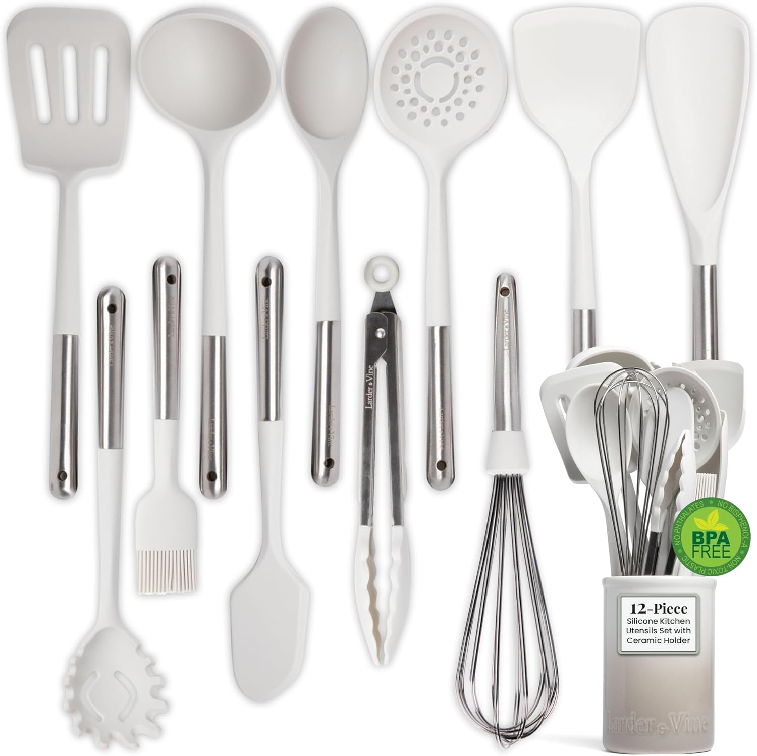 Larder & Vine 12-Piece Silicone Kitchen Cooking Utensils Set with Stainless Steel Handle and Ceramic Holder, Dishwasher Safe Set of Kitchen Essentials (French Gray)