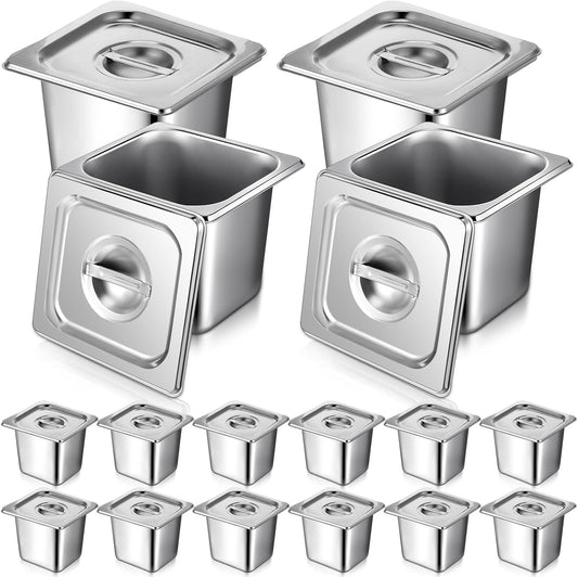 Rtteri 16 Pack 1\/6 Stainless Steel Pans with Lid and 2 Tongs, 4 Spoons 6 Inch Deep Hotel Pans Catering Food Storage Containers for Commercial Steam Table Hotel Restaurant Buffet Supplies