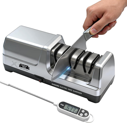 Electric Knife Sharpener for Kitchen—Fast Sharpening to Restore and Polish Chef Straight and Serrated Knives with 3 Stages & 20° Angle System with Metal Dust Box