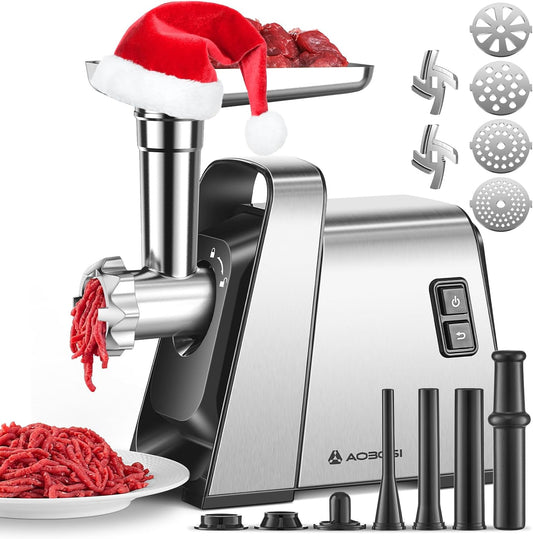 AAOBOSI Meat Grinder Electric, [3000W Max] Meat Grinder Heavy Duty with 2 Stainless Steel Blades & 4 Grinding Plates, Sausage Maker & Kibbe Kit for Home Kitchen Using