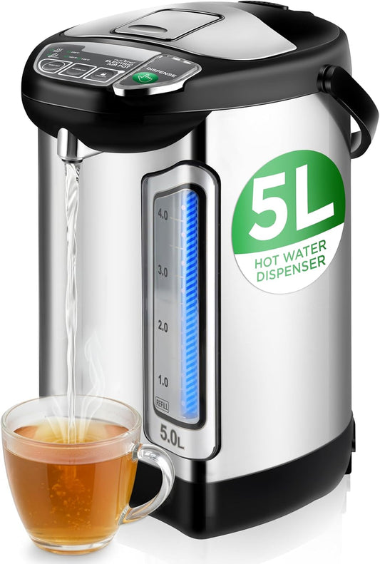 NutriChef Electric Water Boiler and Warmer - 5L\/5.28 Qt Stainless Steel Hot Water Dispenser w\/Rotating Base, Keep Warm Temperature Set, Auto Shut Off, Safety Lock, Instant Heating for Coffee & Tea