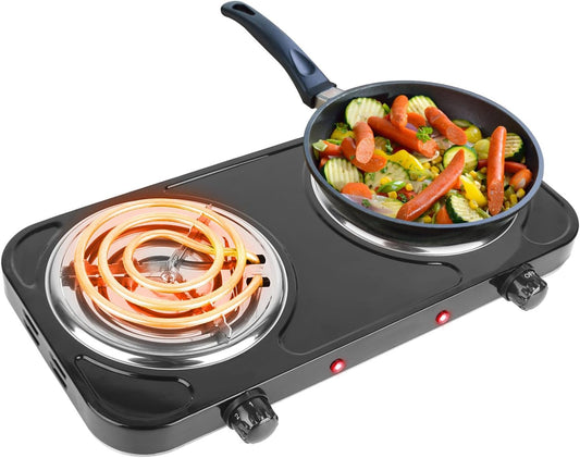 2000W Electric Double Burner Coil Stove-Portable Hot Plate Electric for Cooking, Countertop RV Hotplate with Non-Slip Rubber Feet and 5 Temperature Adjustments