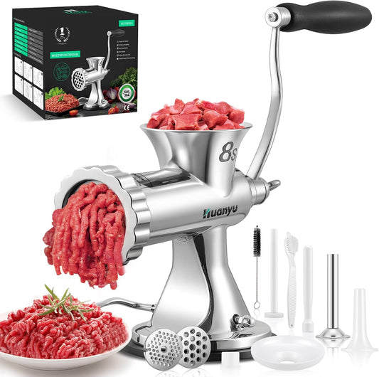 Huanyu Manual Meat Grinder - Heavy Duty Stainless Steel, Effortless Hand Crank for Fresh Ground Beef, Sausages & Pet Food - Compact, Dishwasher Safe - Perfect for Home Restaurant & Outdoor