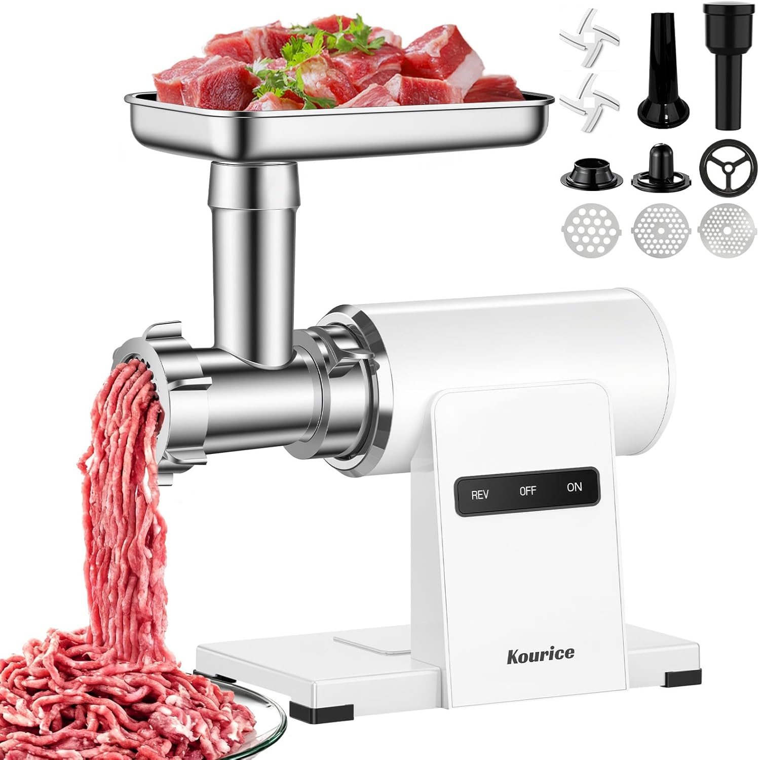 Kourice Meat Grinder, Electric Meat Grinder with Sausage Stuffer Maker & Kubbe Kit, Metal-Body Meat Mincer with 3 Stainless Steel Grinding Plates & 2 Blades for Home Kitchen Using